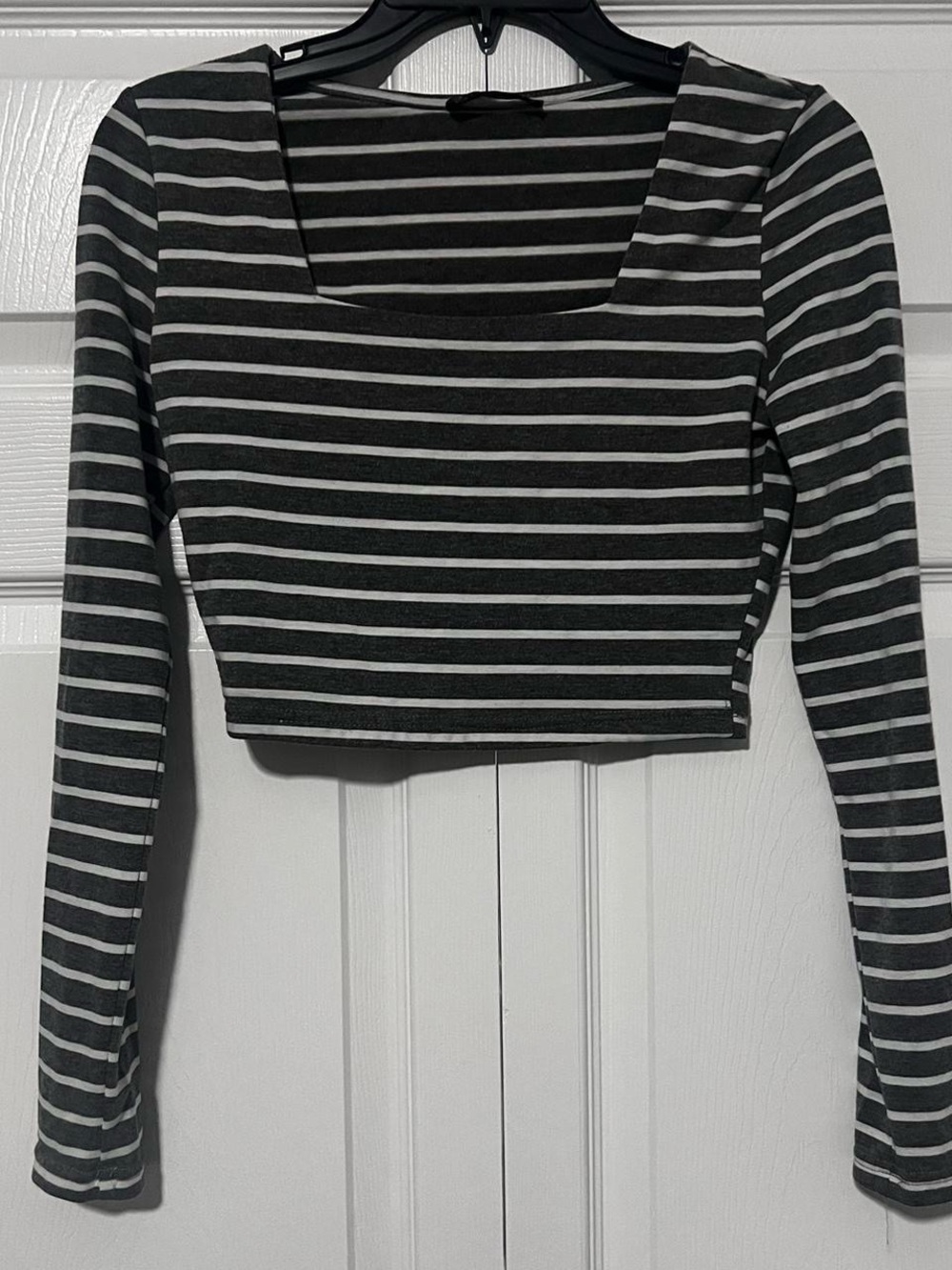 SHEIN Gray & White Striped Square Neck Long Sleeve Crop Top Size S